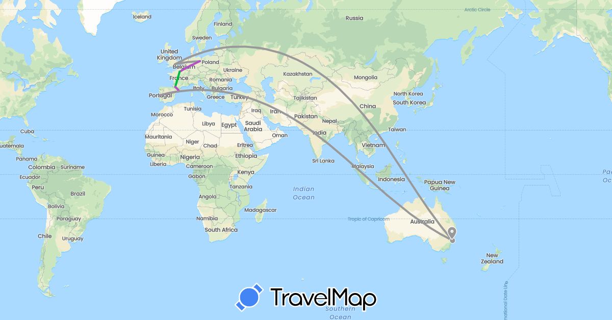 TravelMap itinerary: driving, bus, plane, train in Australia, Germany, Spain, France, United Kingdom, Italy, Portugal (Europe, Oceania)